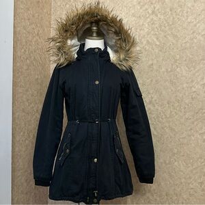 Black Full Zip Cinch Waist Teddy Fleece Lined Faux Fur Hooded Jacket Coat